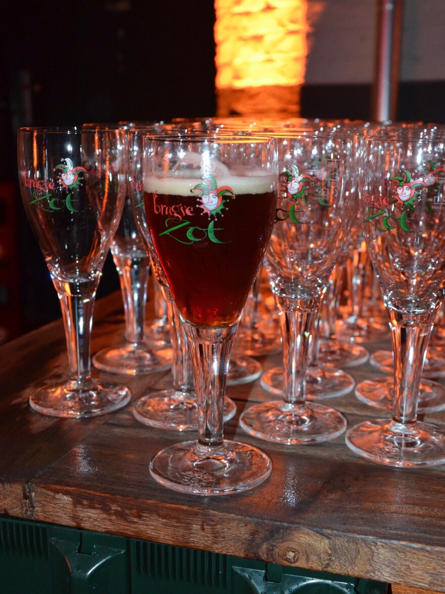 Glasses of Brugse Bok beer from De Halve Mann brewery in Bruges, Belgium.